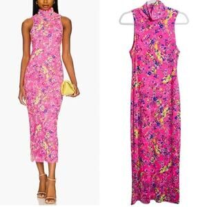 AFRM Poste Bright Pink Floral Mesh Turtleneck Sleeveless Midi Dress Size S
